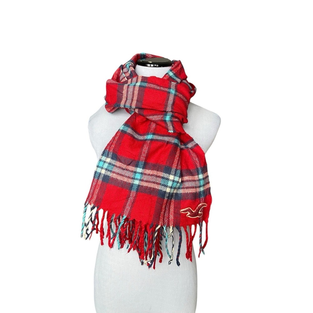 Hollister Red Plaid Fringe Logo Scarf Cozy Preppy Winter Cabincore Outdoors Ivy